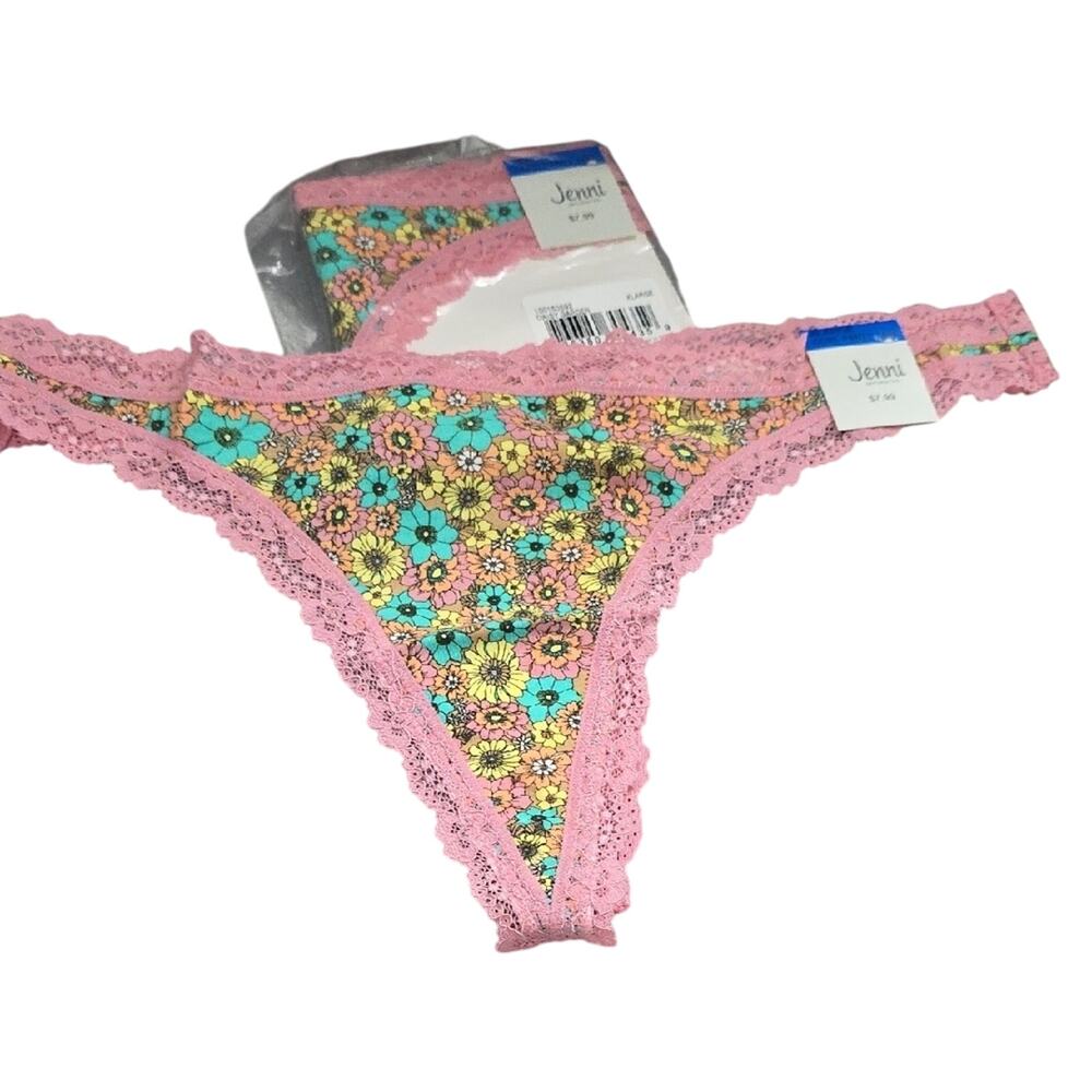 Jenni Pink Floral Lace Trim Thong Panties, 2 Pairs, NWT, XL